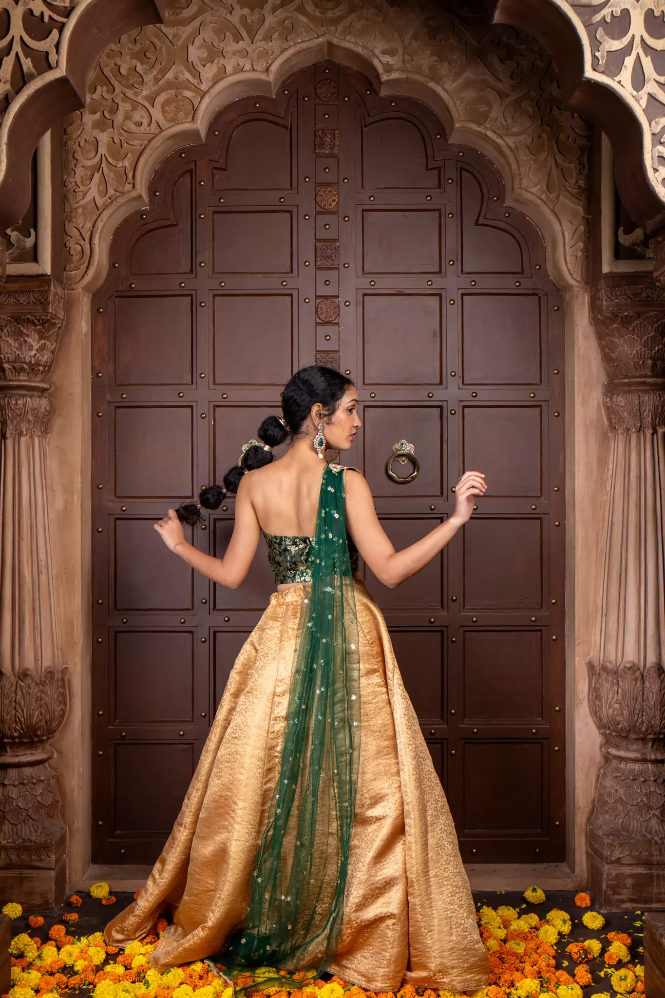 Tube Banarasi Emerald green blouse with Drape net Dupatta and Golden banarasi Skirt Set