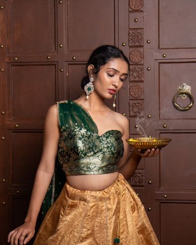 Tube Banarasi Emerald green blouse with Drape net Dupatta and Golden banarasi Skirt Set