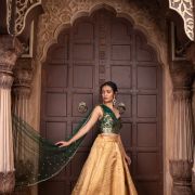 Tube Banarasi Emerald green blouse with Drape net Dupatta and Golden banarasi Skirt Set