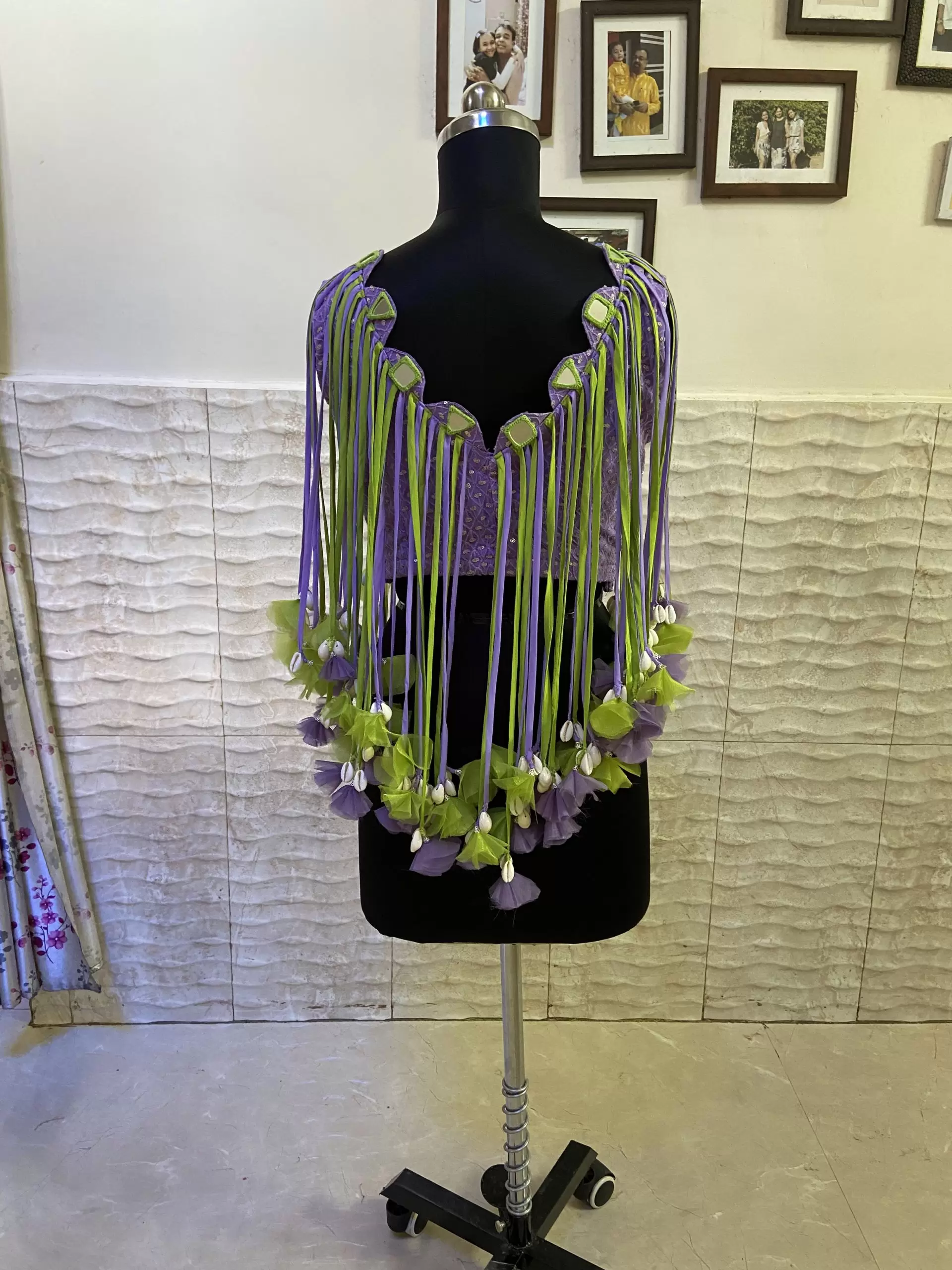 Neon green to lavender shaded lehenga with tassels blouse