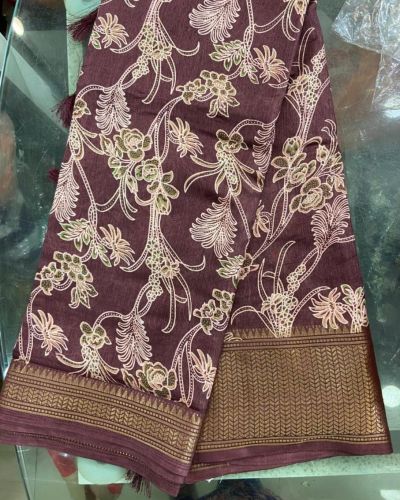 Floral printed cotton silk saree with zari woven border