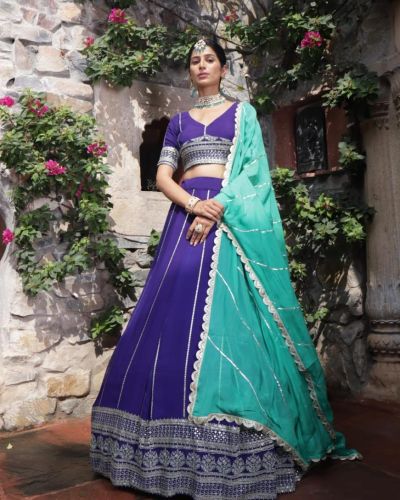 Royal Blue Maharani Lehenga with Zari Embroidery & Cyan Dupatta