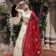 Ivory creme Maharani Lehenga with Zari Embroidery & Maroon Dupatta