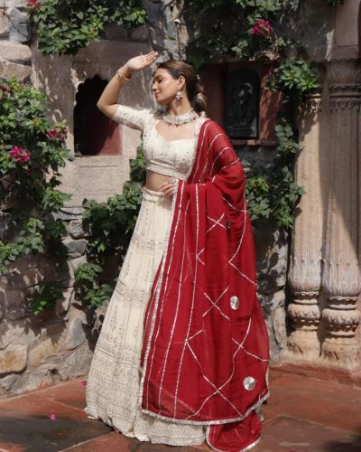 Ivory creme Maharani Lehenga with Zari Embroidery & Maroon Dupatta