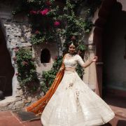 Ivory Maharani Lehenga with zari embroidery & Rust Orange Dupatta