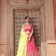 Rani Pink Maharani Lehenga with Faux mirror & Lime Green Dupatta