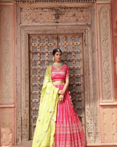 Rani Pink Maharani Lehenga with Faux mirror & Lime Green Dupatta