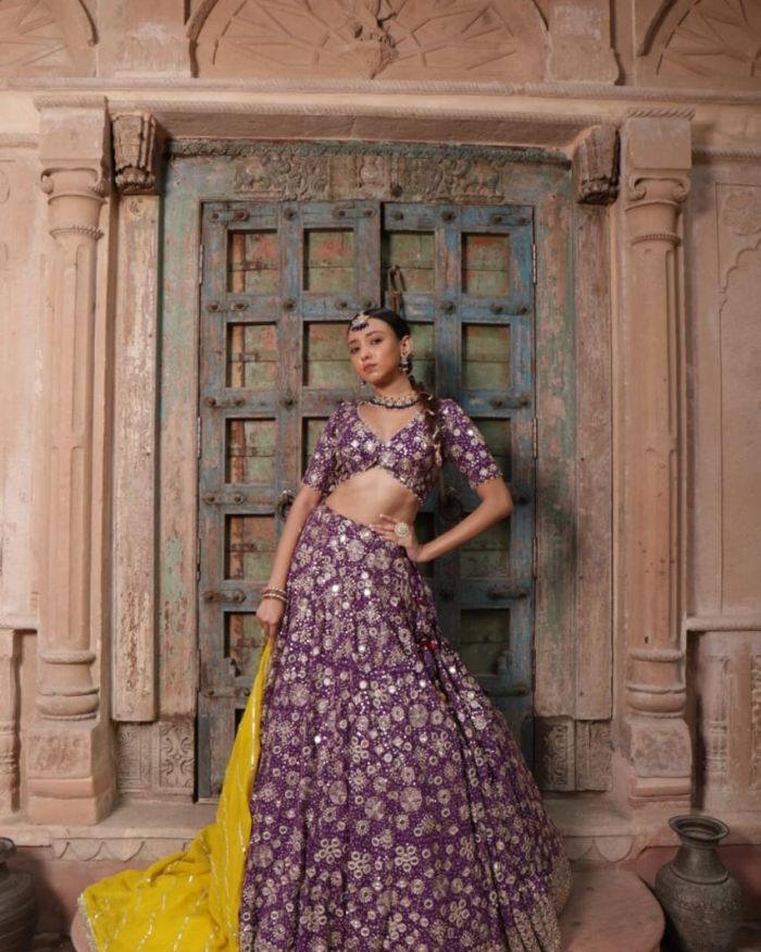 Purple Maharani Lehenga with Heavy Embroidery & Mustard yellow Dupatta