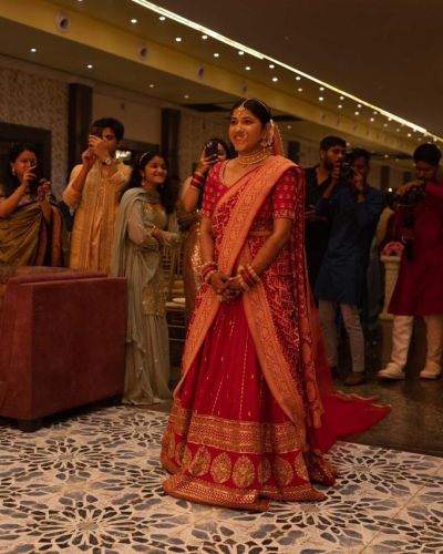 Maharani Lehenga in Red Pure Georgette fabric with heavy border