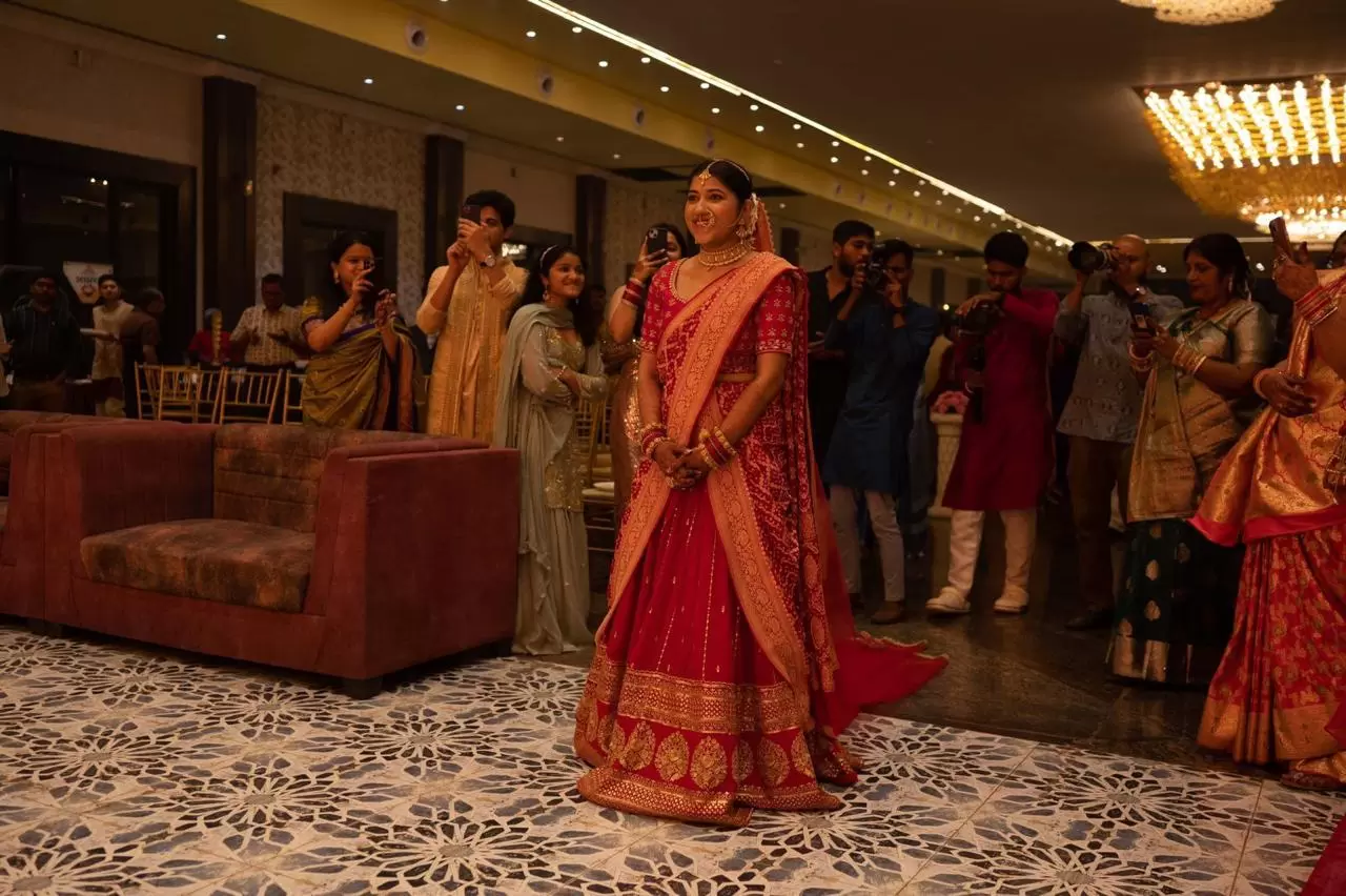 Maharani Lehenga in Red Pure Georgette fabric with heavy border