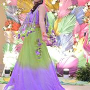 Neon green to lavender shaded lehenga with tassels blouse