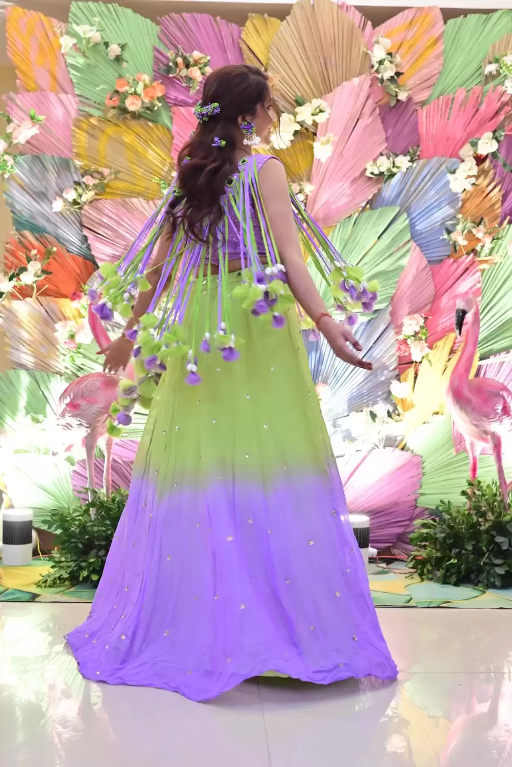 Neon green to lavender shaded lehenga with tassels blouse