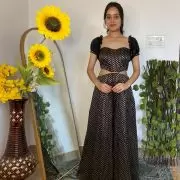 Black Banarasi Off shoulder Jumpsuit with Cut detail on the waist and puffed sleeves