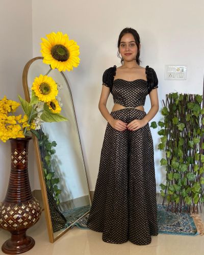 Black Banarasi Off shoulder Jumpsuit with Cut detail on the waist and puffed sleeves