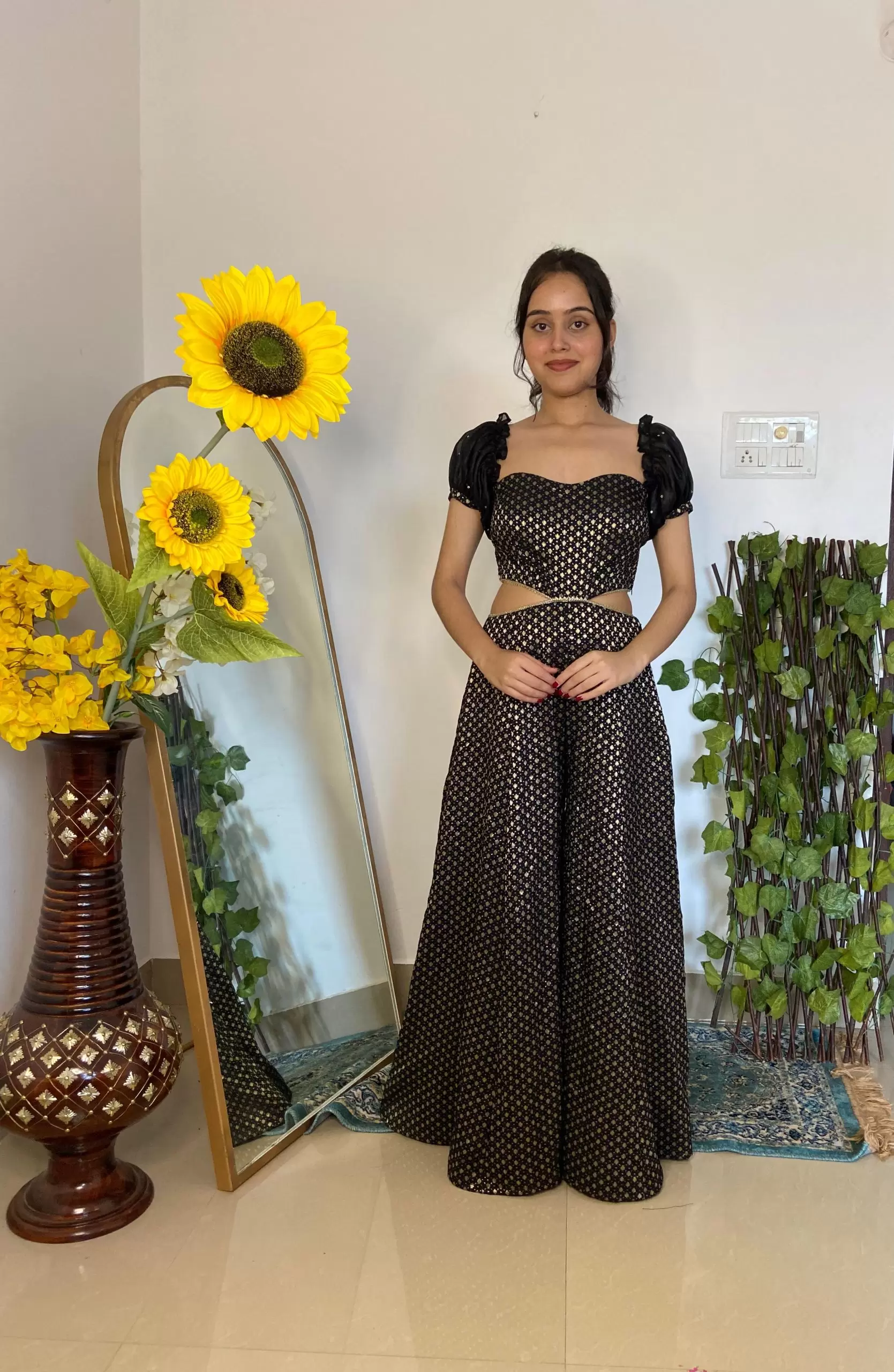 Black Banarasi Off shoulder Jumpsuit with Cut detail on the waist and puffed sleeves