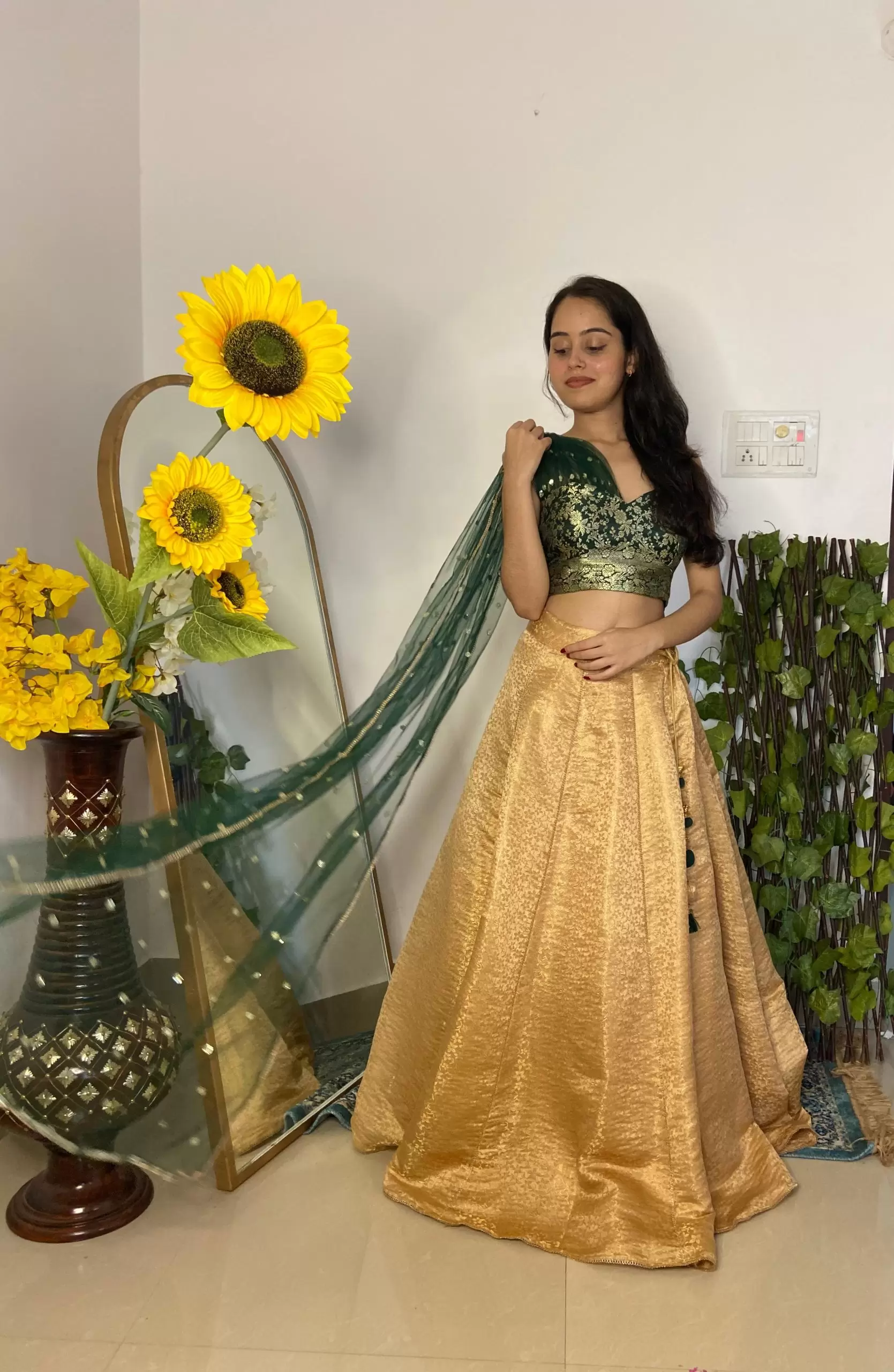 Tube Banarasi Emerald green blouse with Drape net Dupatta and Golden banarasi Skirt Set