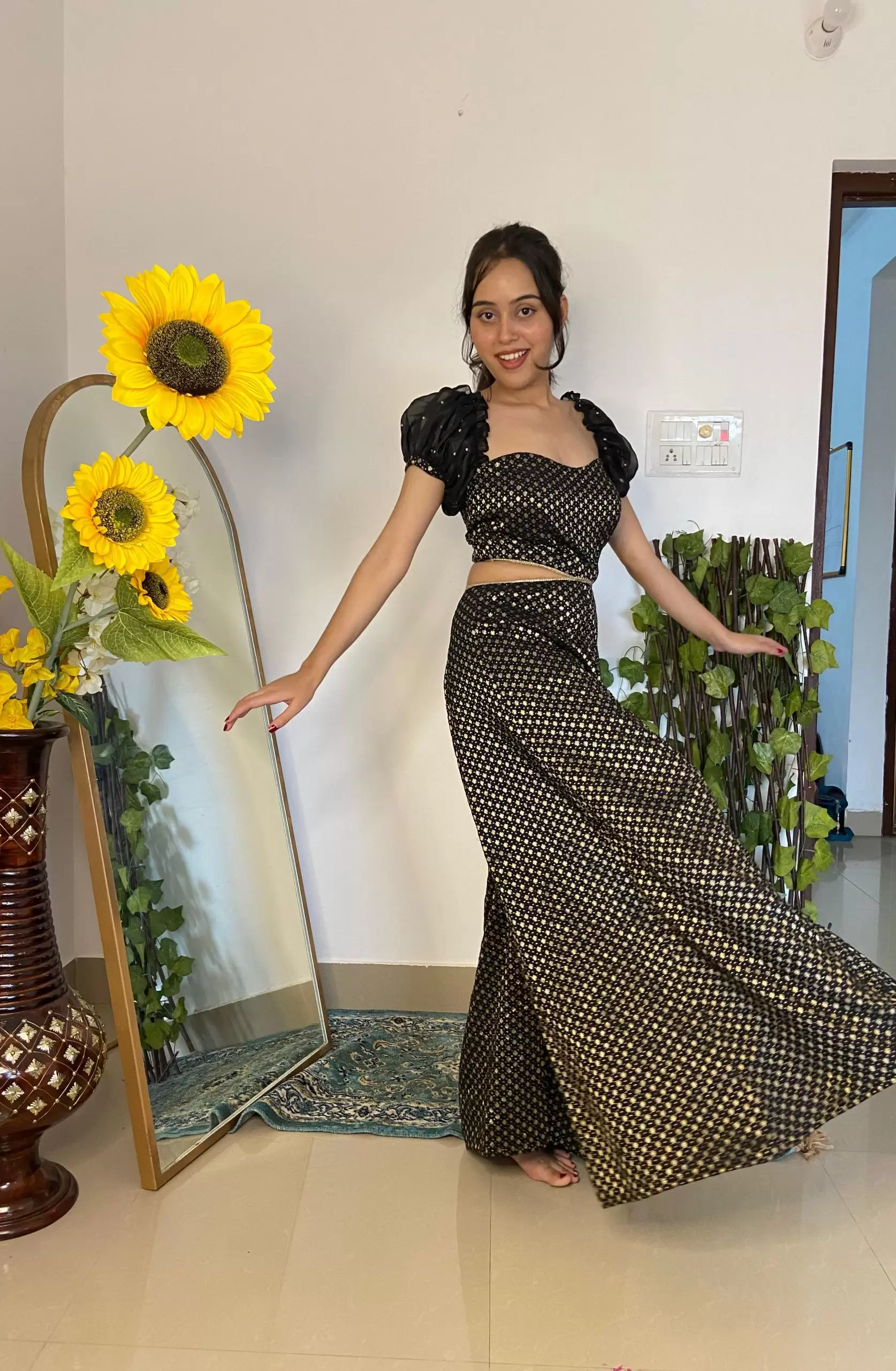 Black Banarasi Off shoulder Jumpsuit with Cut detail on the waist and puffed sleeves