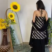 Halter neck Slit Black Kurta in Leheriya Banarasi Fabric with Flared Kali Pallazo and Dupatta set