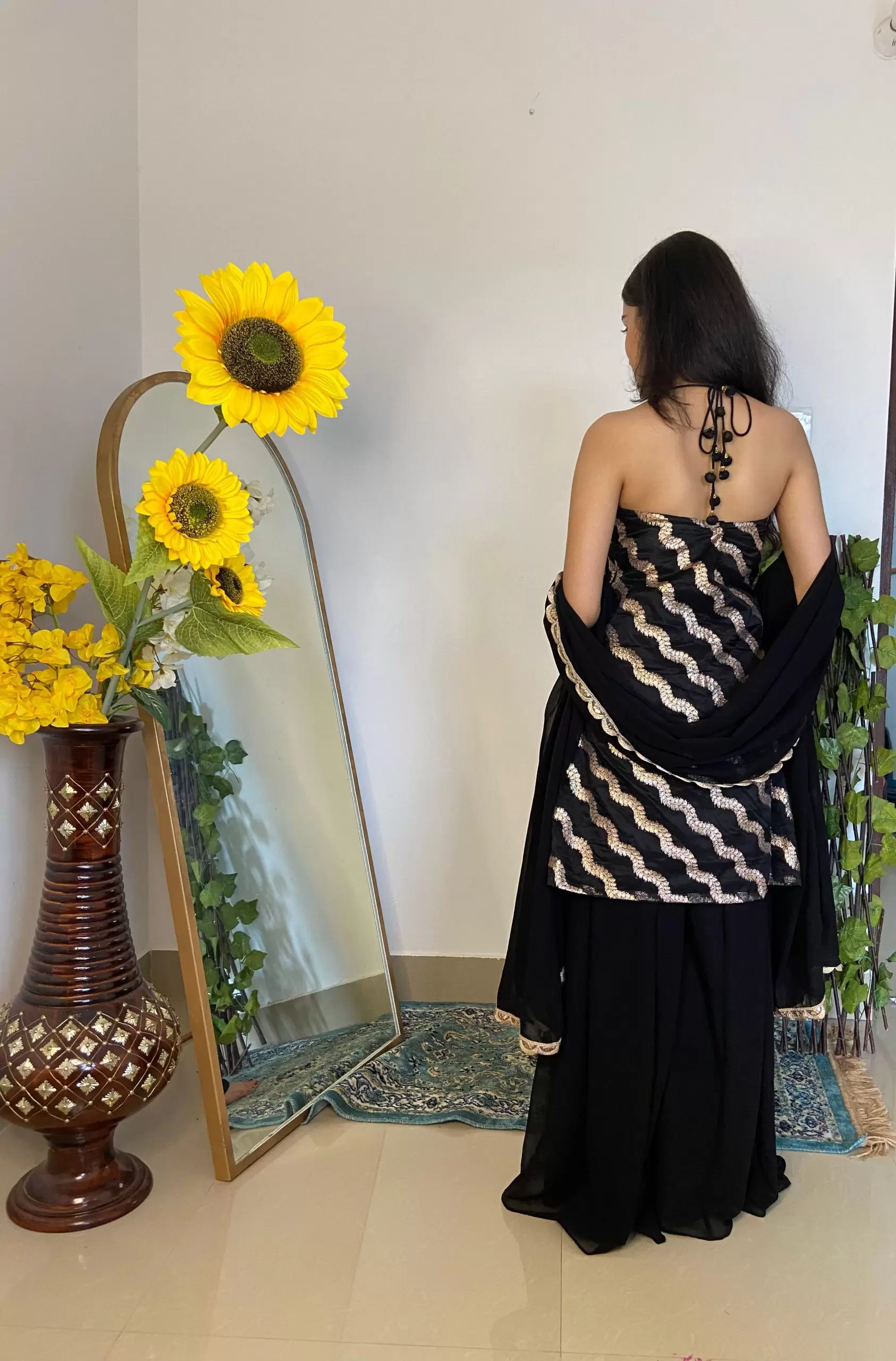 Halter neck Slit Black Kurta in Leheriya Banarasi Fabric with Flared Kali Pallazo and Dupatta set