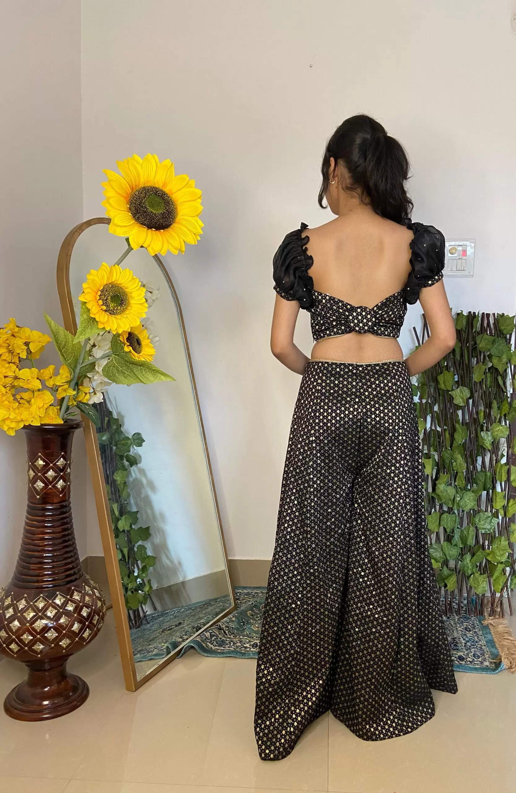 Black Banarasi Off shoulder Jumpsuit with Cut detail on the waist and puffed sleeves