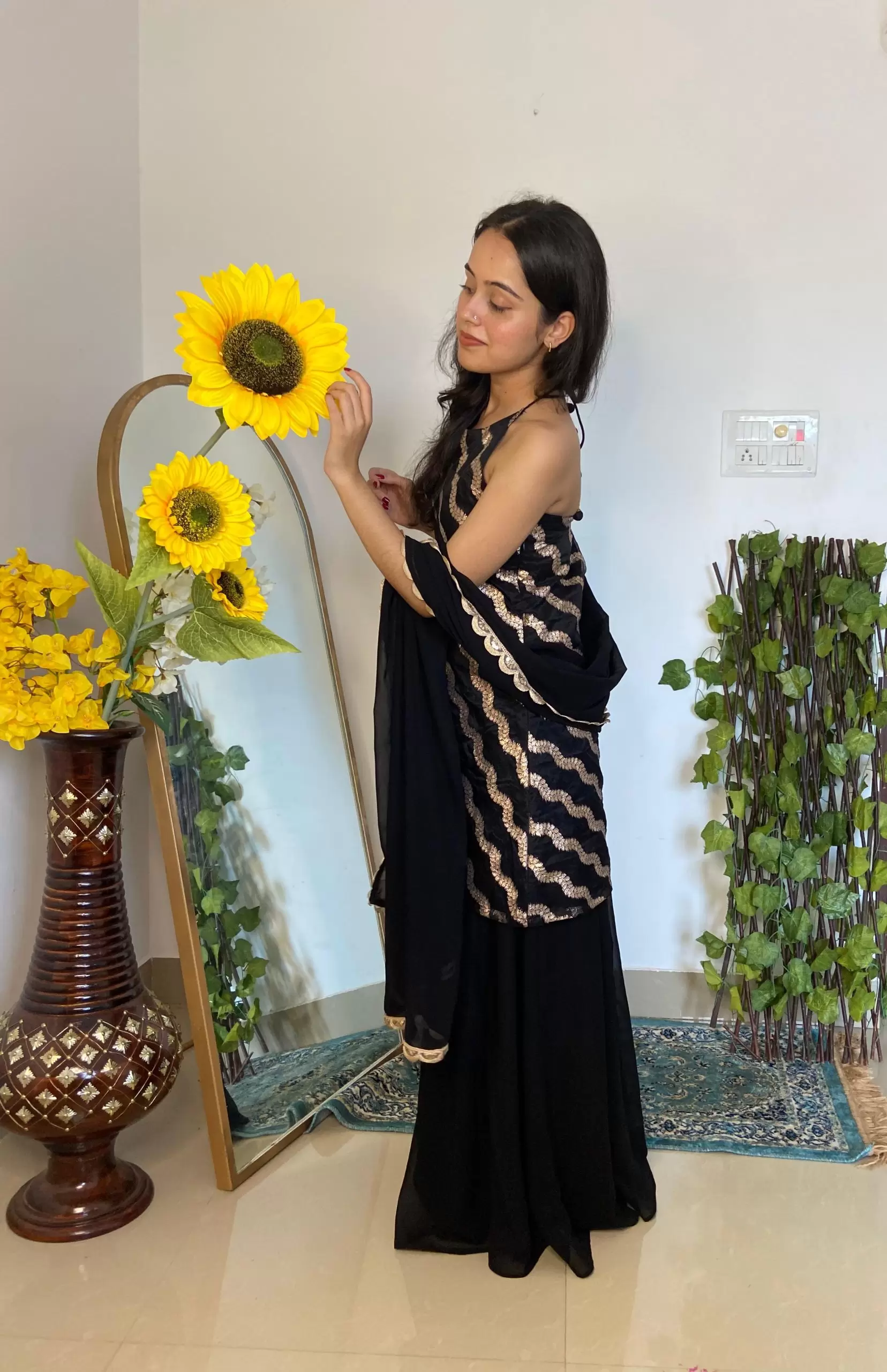 Halter neck Slit Black Kurta in Leheriya Banarasi Fabric with Flared Kali Pallazo and Dupatta set