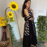 Halter neck Slit Black Kurta in Leheriya Banarasi Fabric with Flared Kali Pallazo and Dupatta set