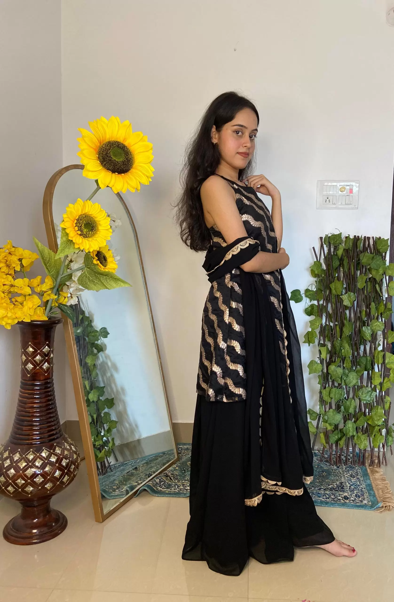 Halter neck Slit Black Kurta in Leheriya Banarasi Fabric with Flared Kali Pallazo and Dupatta set