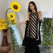 Halter neck Slit Black Kurta in Leheriya Banarasi Fabric with Flared Kali Pallazo and Dupatta set