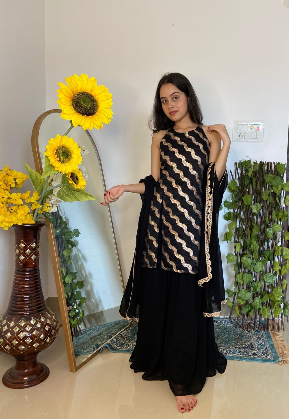 Halter neck Slit Black Kurta in Leheriya Banarasi Fabric with Flared Kali Pallazo and Dupatta set