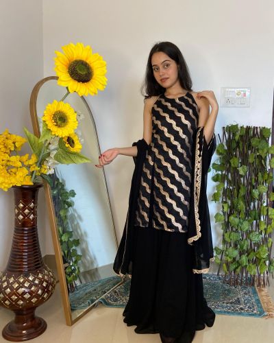 Halter neck Slit Black Kurta in Leheriya Banarasi Fabric with Flared Kali Pallazo and Dupatta set