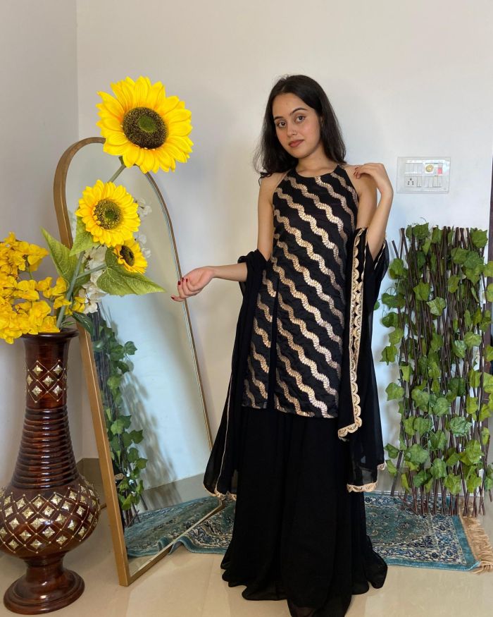 Halter neck Slit Black Kurta in Leheriya Banarasi Fabric with Flared Kali Pallazo and Dupatta set