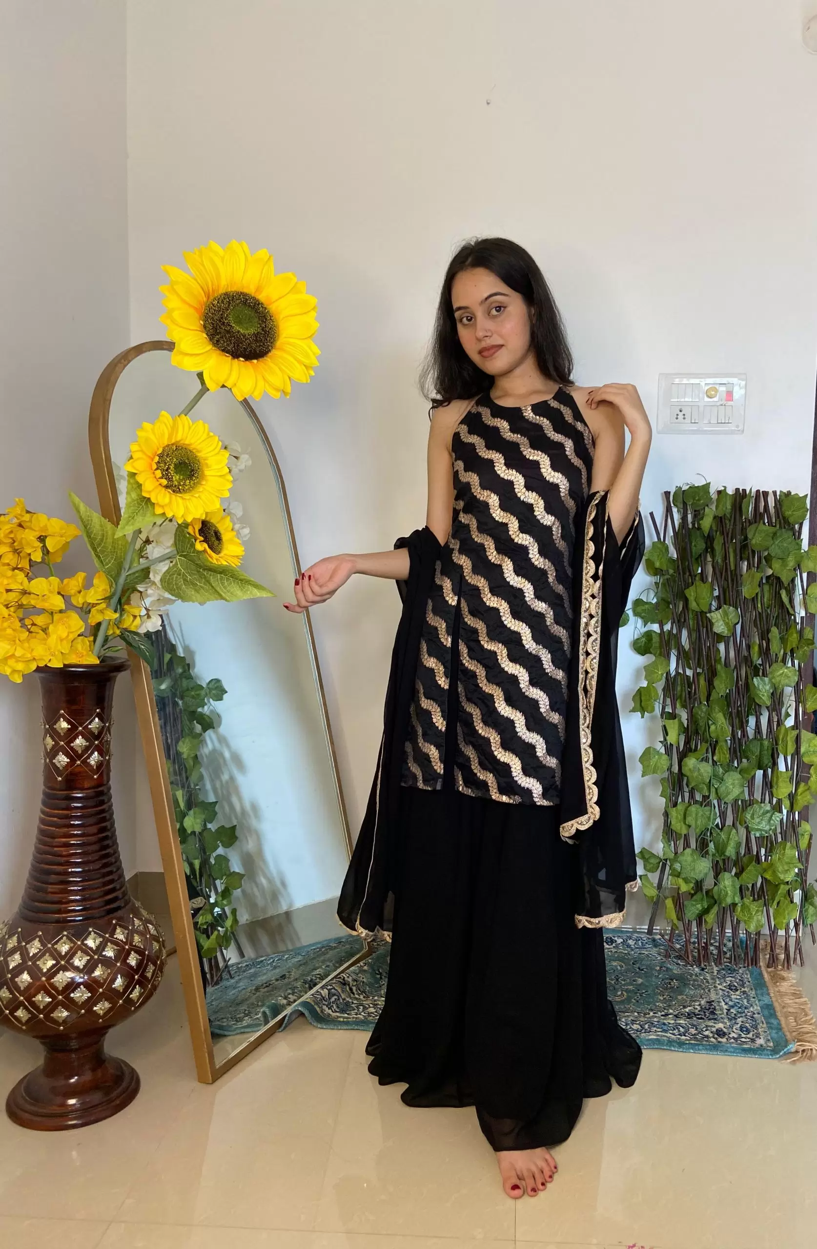 Halter neck Slit Black Kurta in Leheriya Banarasi Fabric with Flared Kali Pallazo and Dupatta set