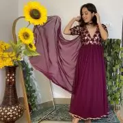 Wine Silk Yoke with Georgette Flared Deep Neck 3 Piece Anarkali Suit