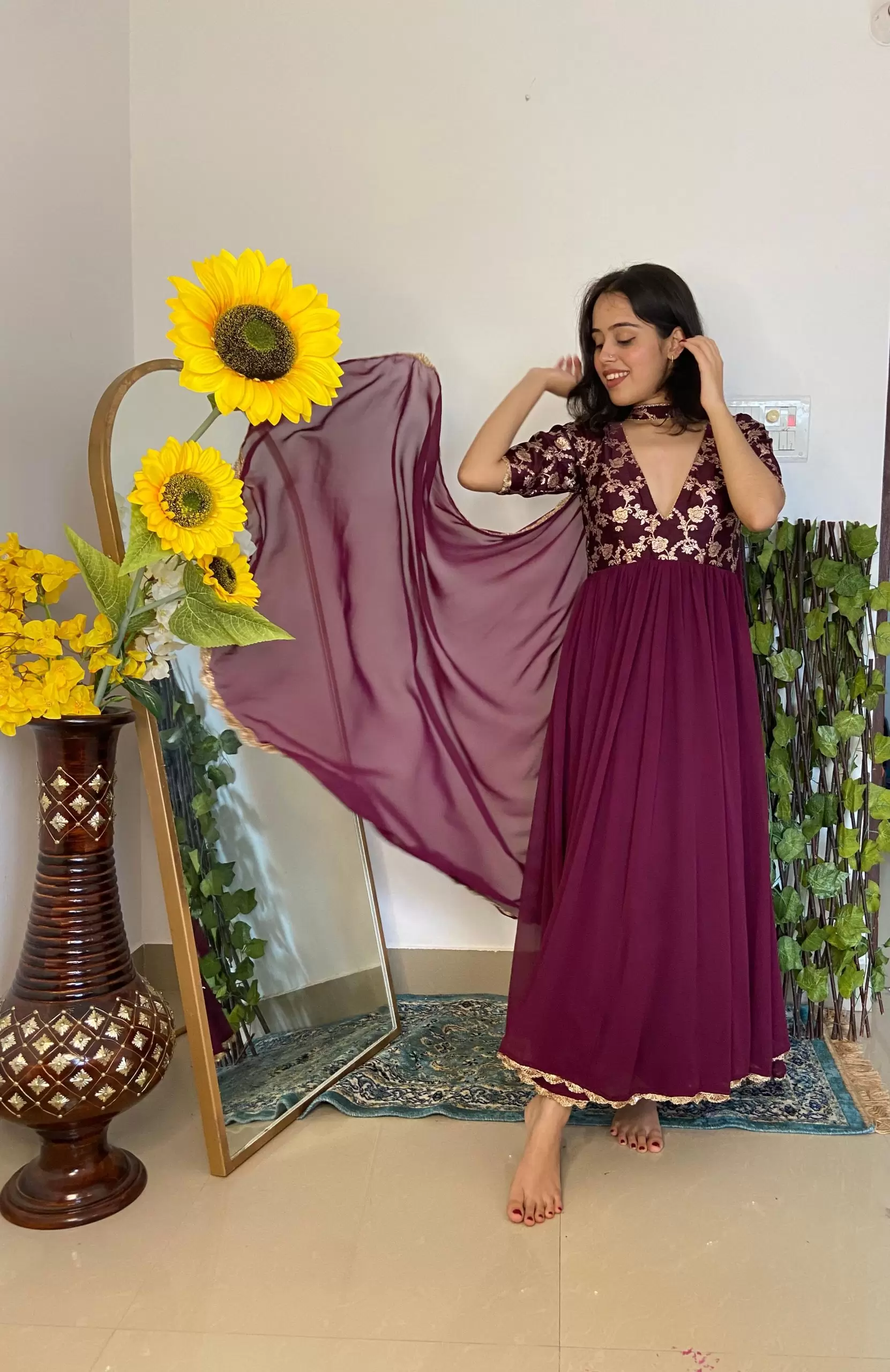 Wine Silk Yoke with Georgette Flared Deep Neck 3 Piece Anarkali Suit