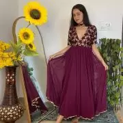 Wine Silk Yoke with Georgette Flared Deep Neck 3 Piece Anarkali Suit