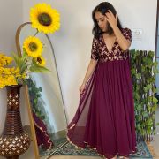 Wine Silk Yoke with Georgette Flared Deep Neck 3 Piece Anarkali Suit