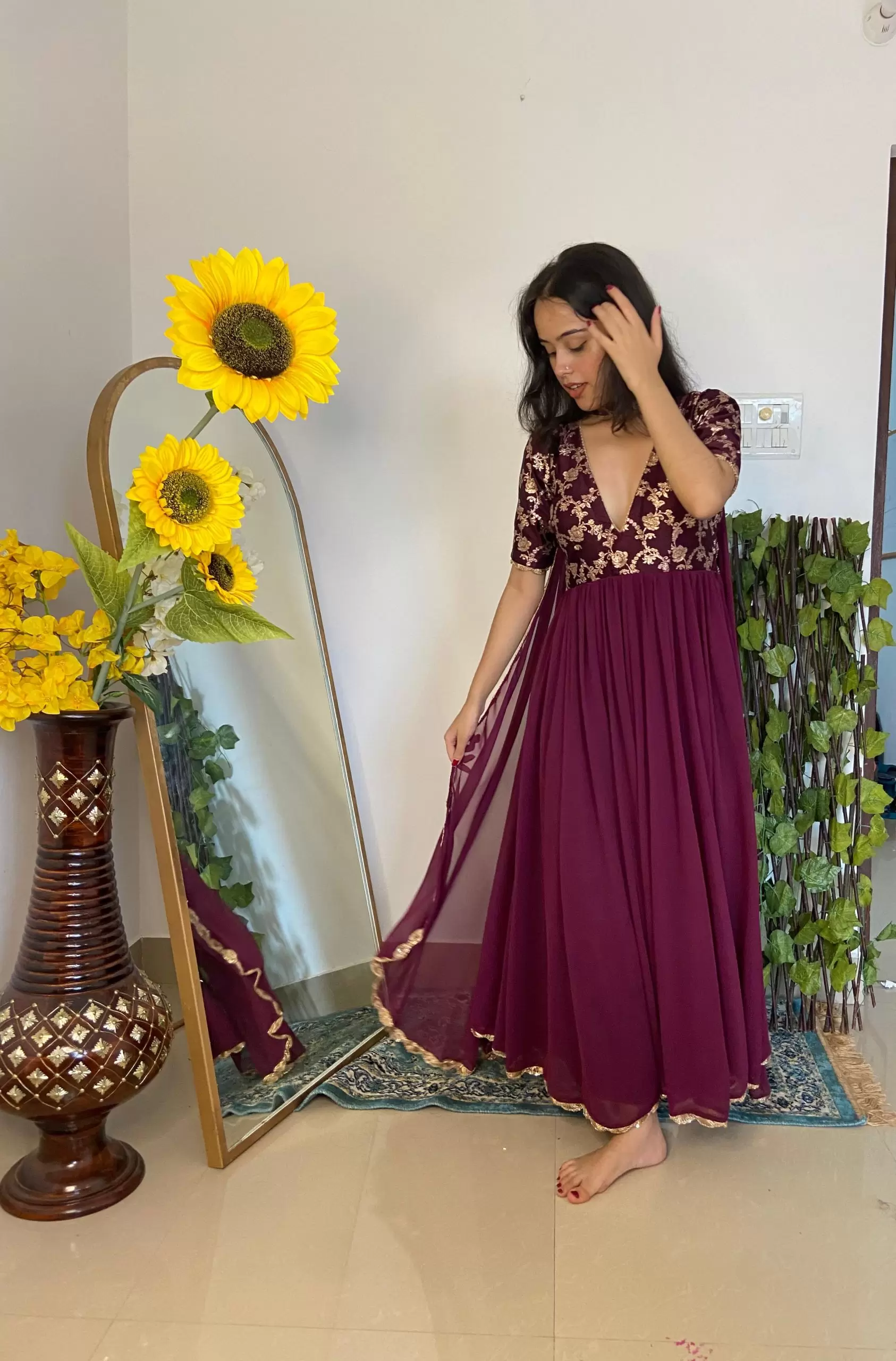 Wine Silk Yoke with Georgette Flared Deep Neck 3 Piece Anarkali Suit