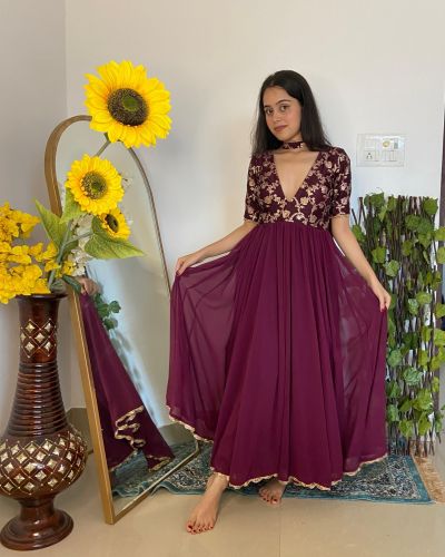 Wine Silk Yoke with Georgette Flared Deep Neck 3 Piece Anarkali Suit