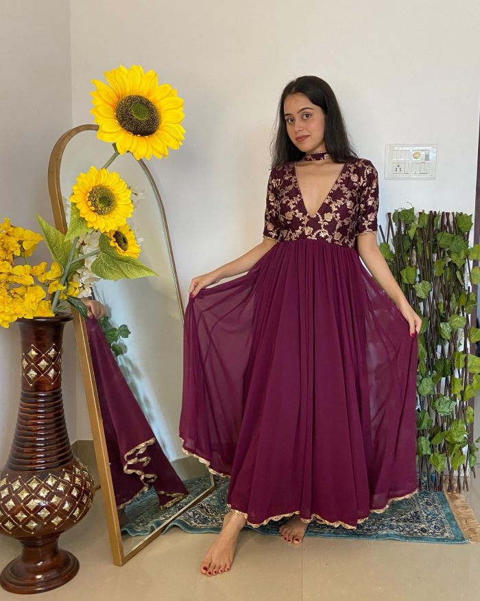 Wine Silk Yoke with Georgette Flared Deep Neck 3 Piece Anarkali Suit