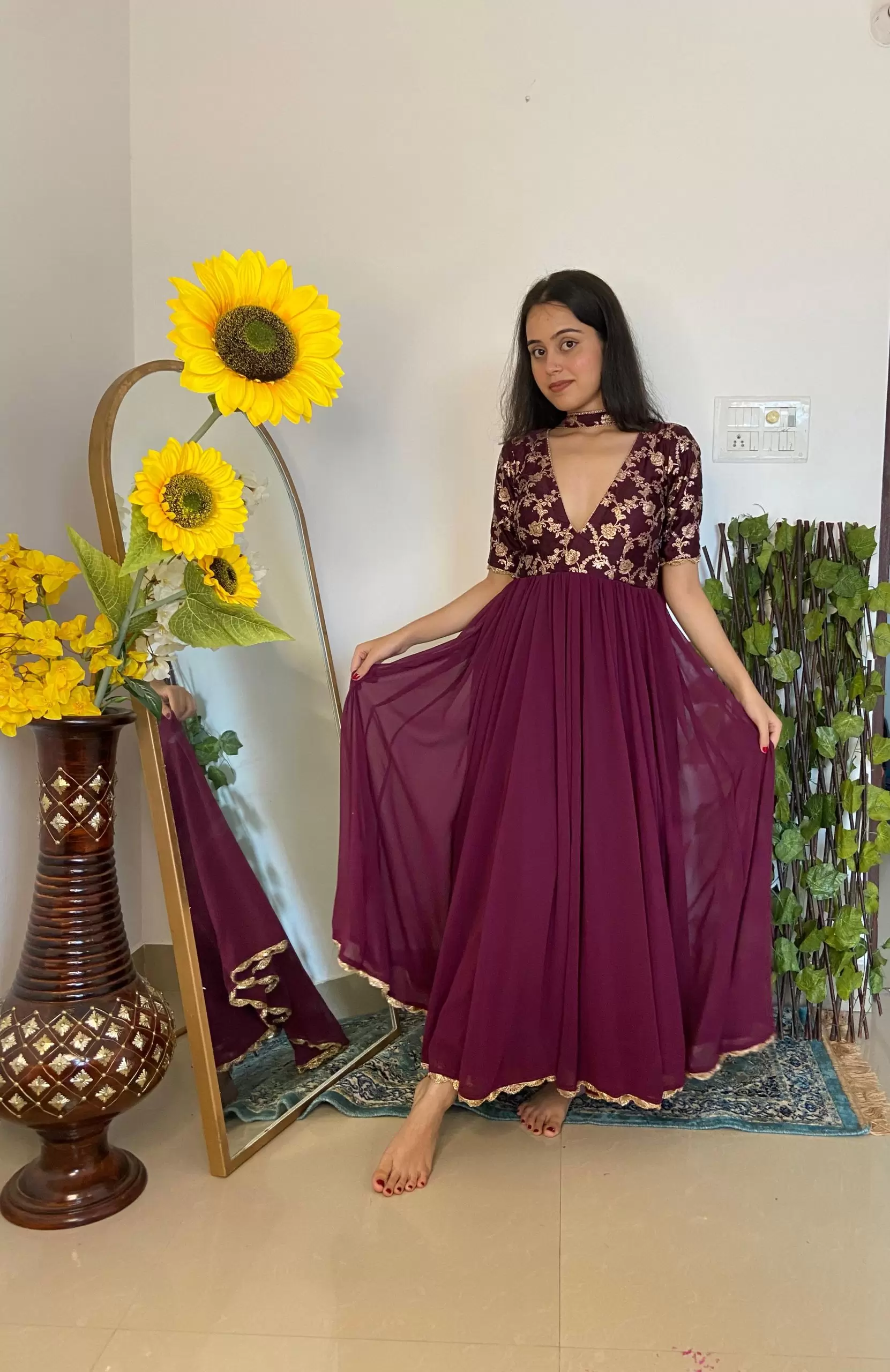 Wine Silk Yoke with Georgette Flared Deep Neck 3 Piece Anarkali Suit