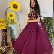 Wine Silk Yoke with Georgette Flared Deep Neck 3 Piece Anarkali Suit