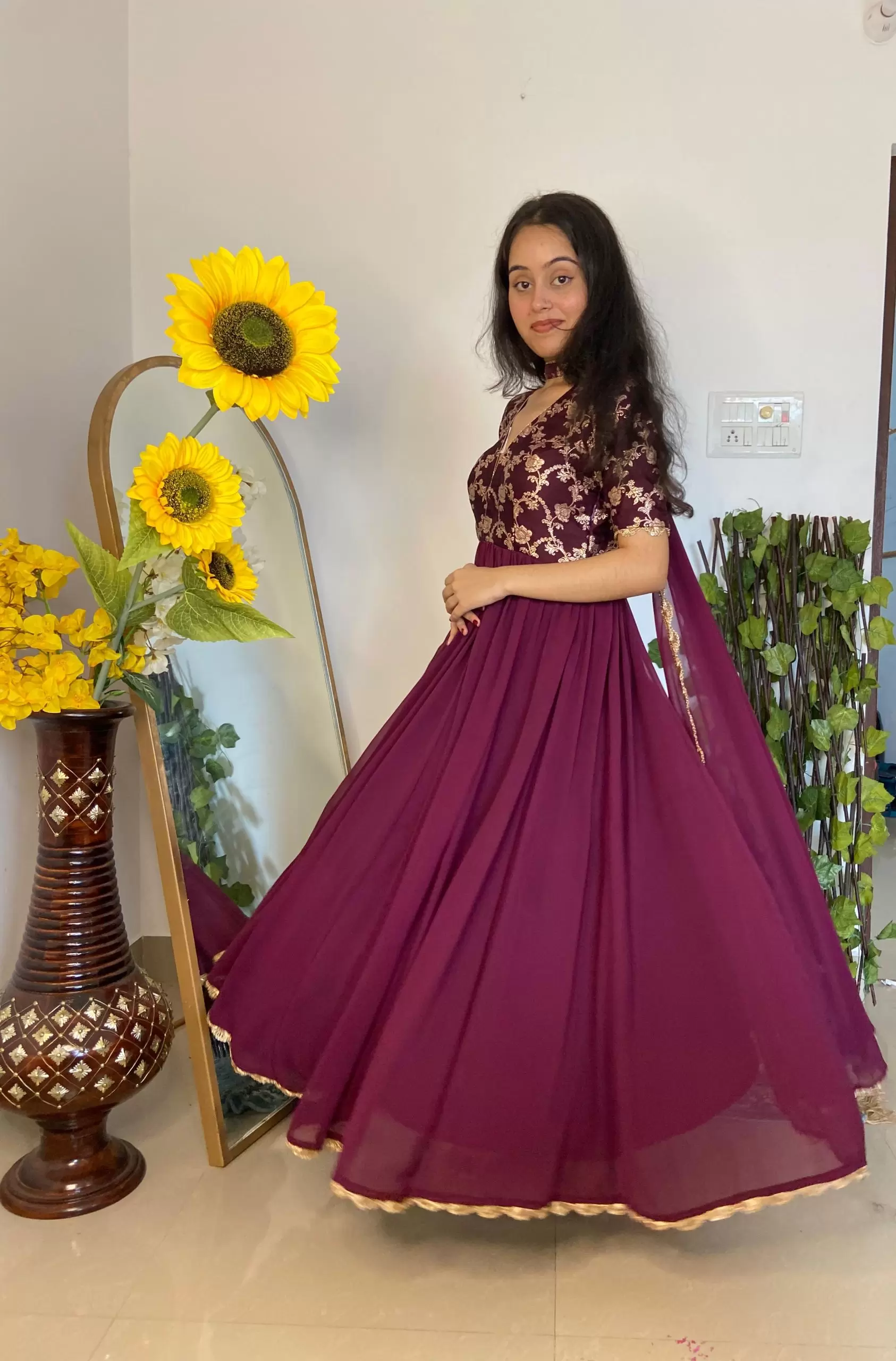 Wine Silk Yoke with Georgette Flared Deep Neck 3 Piece Anarkali Suit