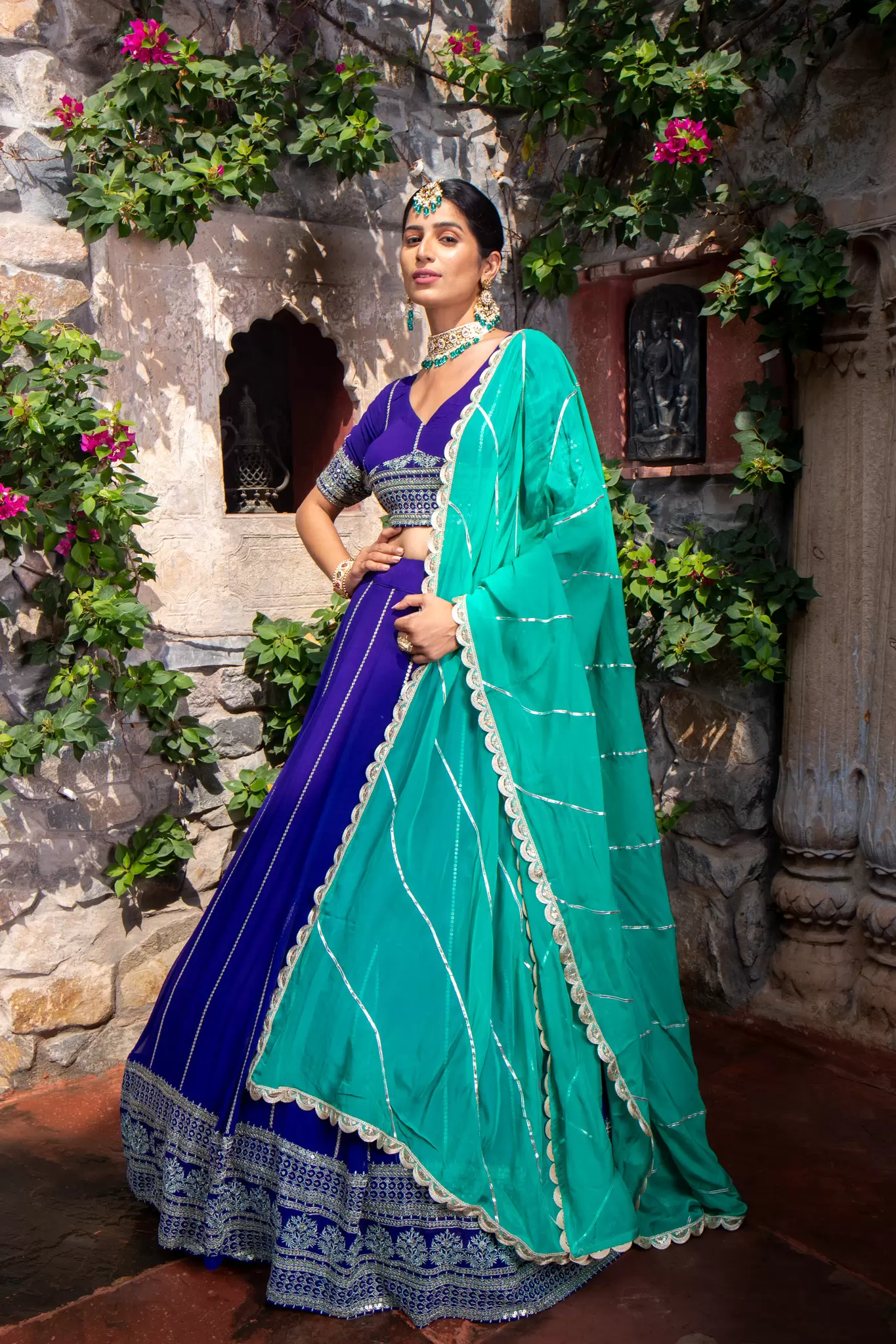 Royal Blue Maharani Lehenga with Zari Embroidery & Cyan Dupatta