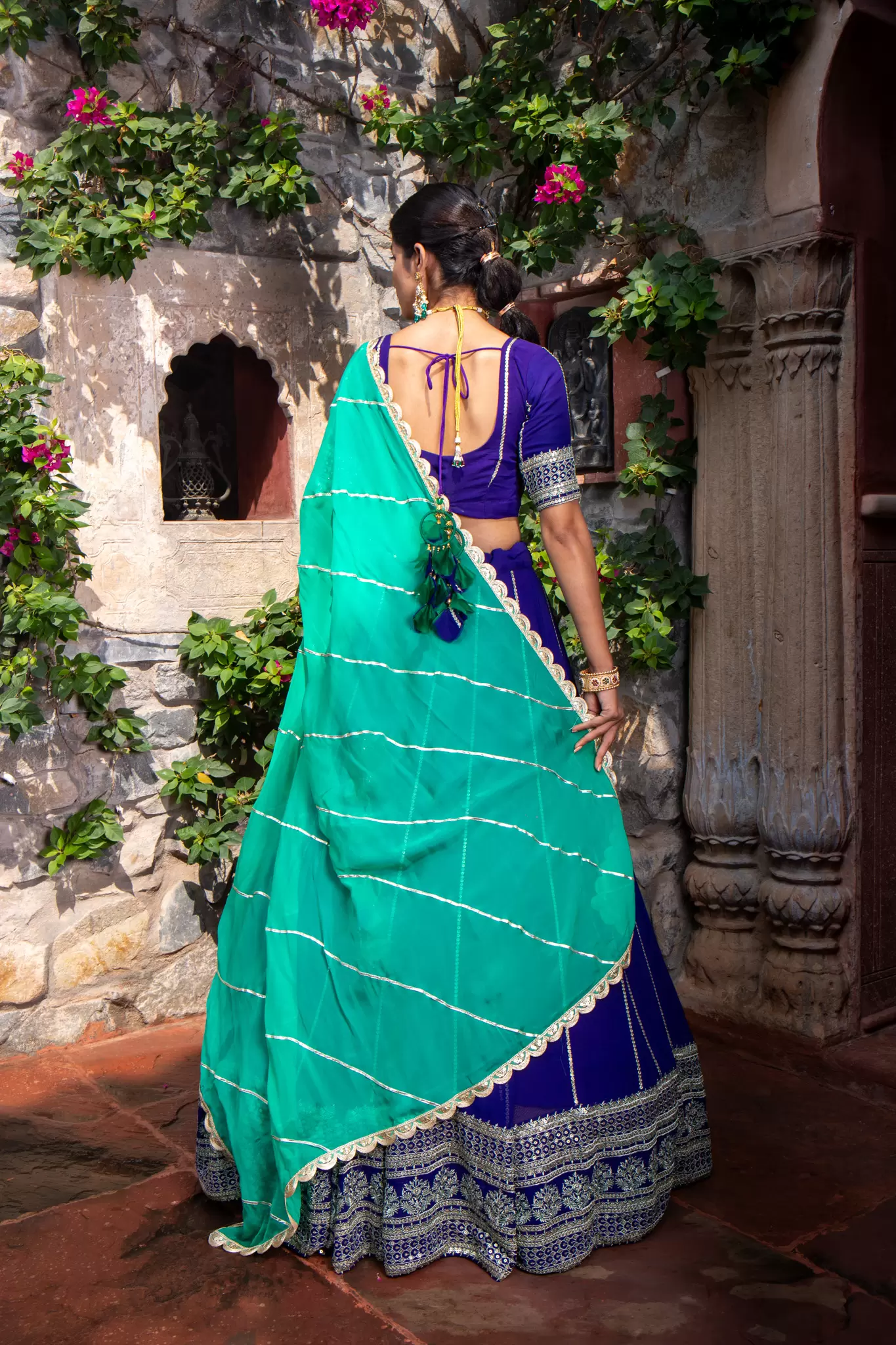 Royal Blue Maharani Lehenga with Zari Embroidery & Cyan Dupatta