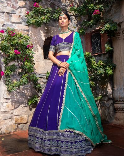 Royal Blue Maharani Lehenga with Zari Embroidery & Cyan Dupatta