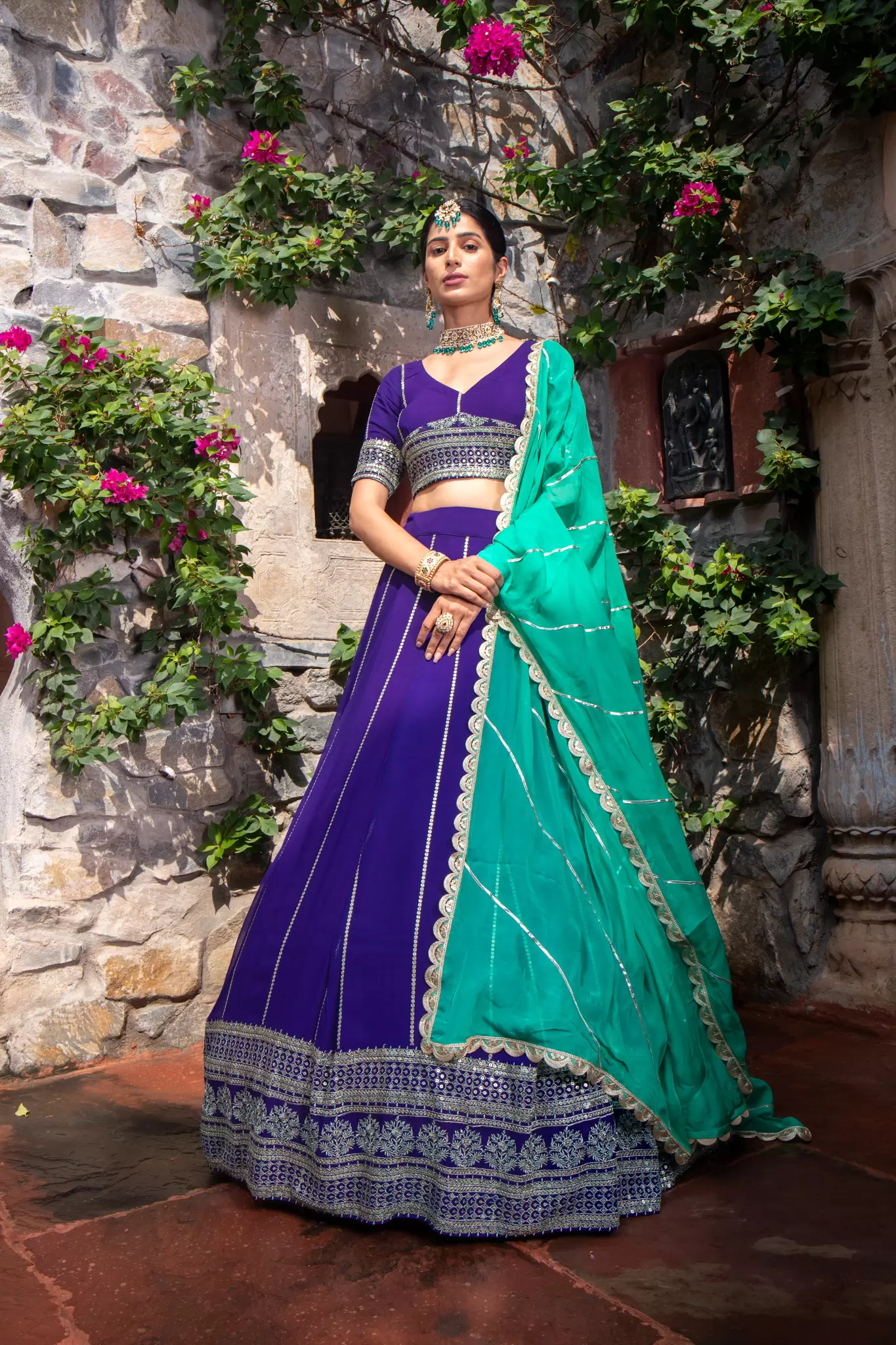 Royal Blue Maharani Lehenga with Zari Embroidery & Cyan Dupatta