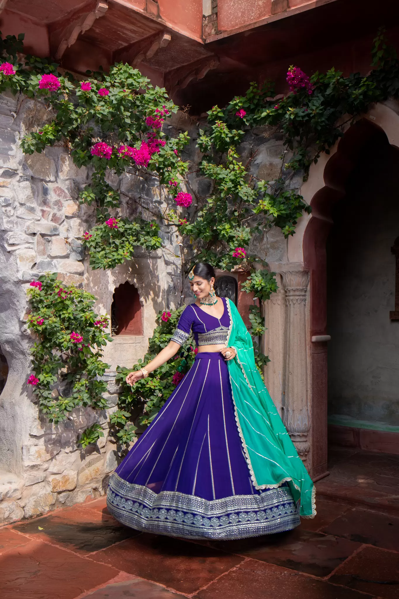 Royal Blue Maharani Lehenga with Zari Embroidery & Cyan Dupatta