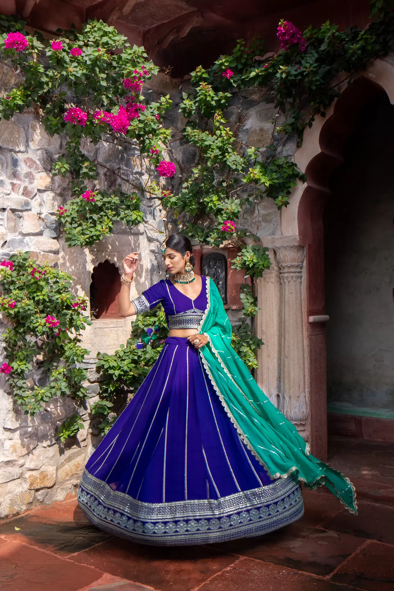 Royal Blue Maharani Lehenga with Zari Embroidery & Cyan Dupatta