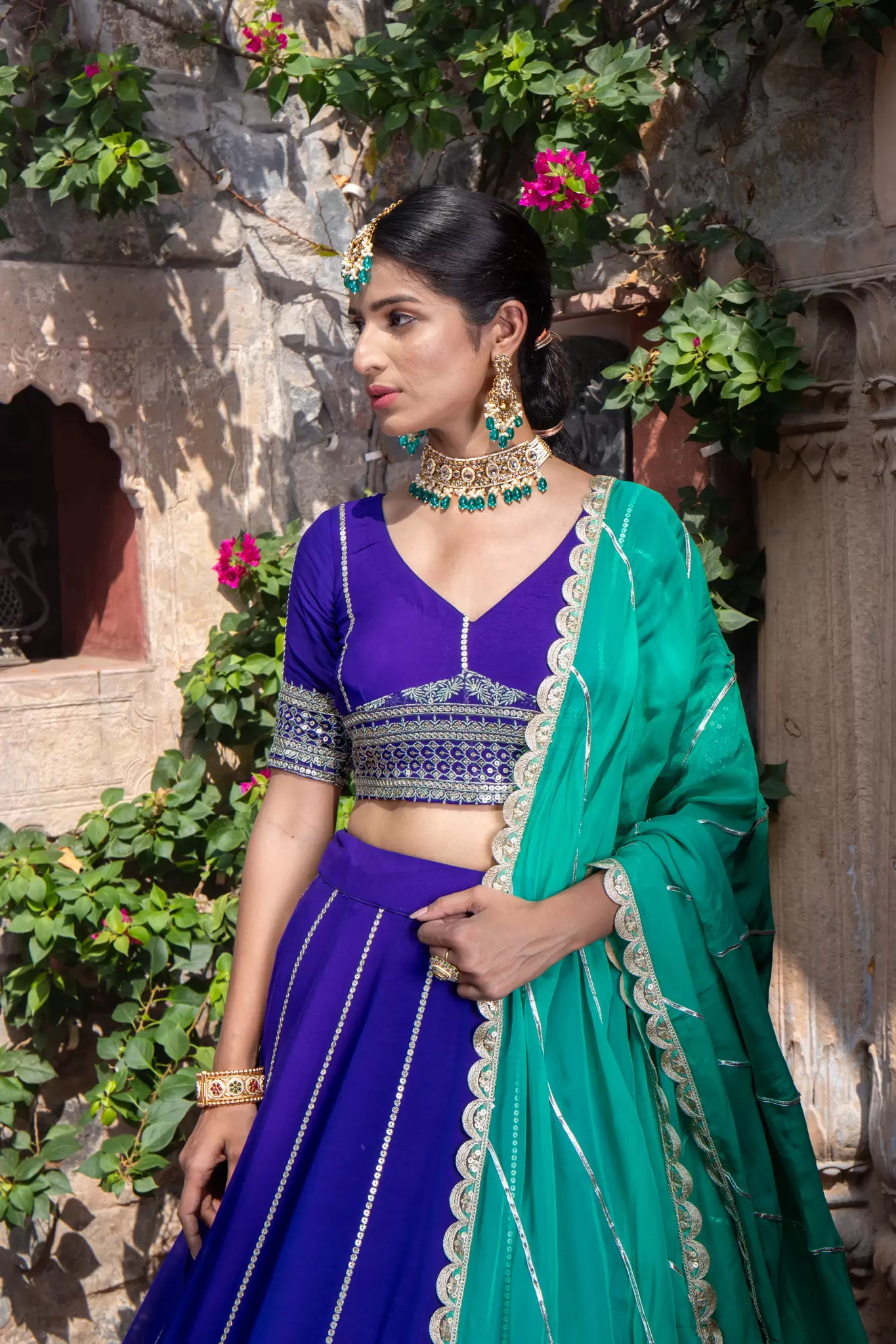 Royal Blue Maharani Lehenga with Zari Embroidery & Cyan Dupatta