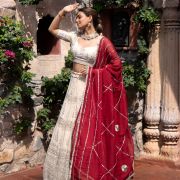 Ivory creme Maharani Lehenga with Zari Embroidery & Maroon Dupatta